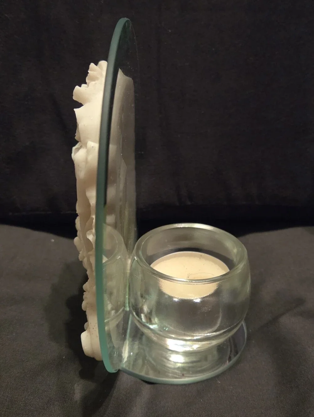 Holy Mary Baby Jesus Angel Glass Vigil Tealite Holder Candle 5.5